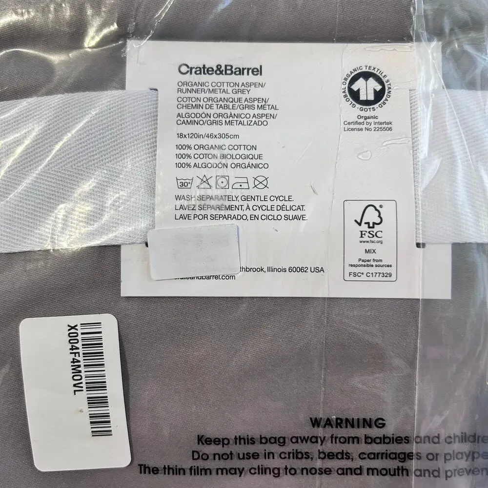 Crate & Barrell NEW Aspen Runner Organic Cotton Metal Gray 18